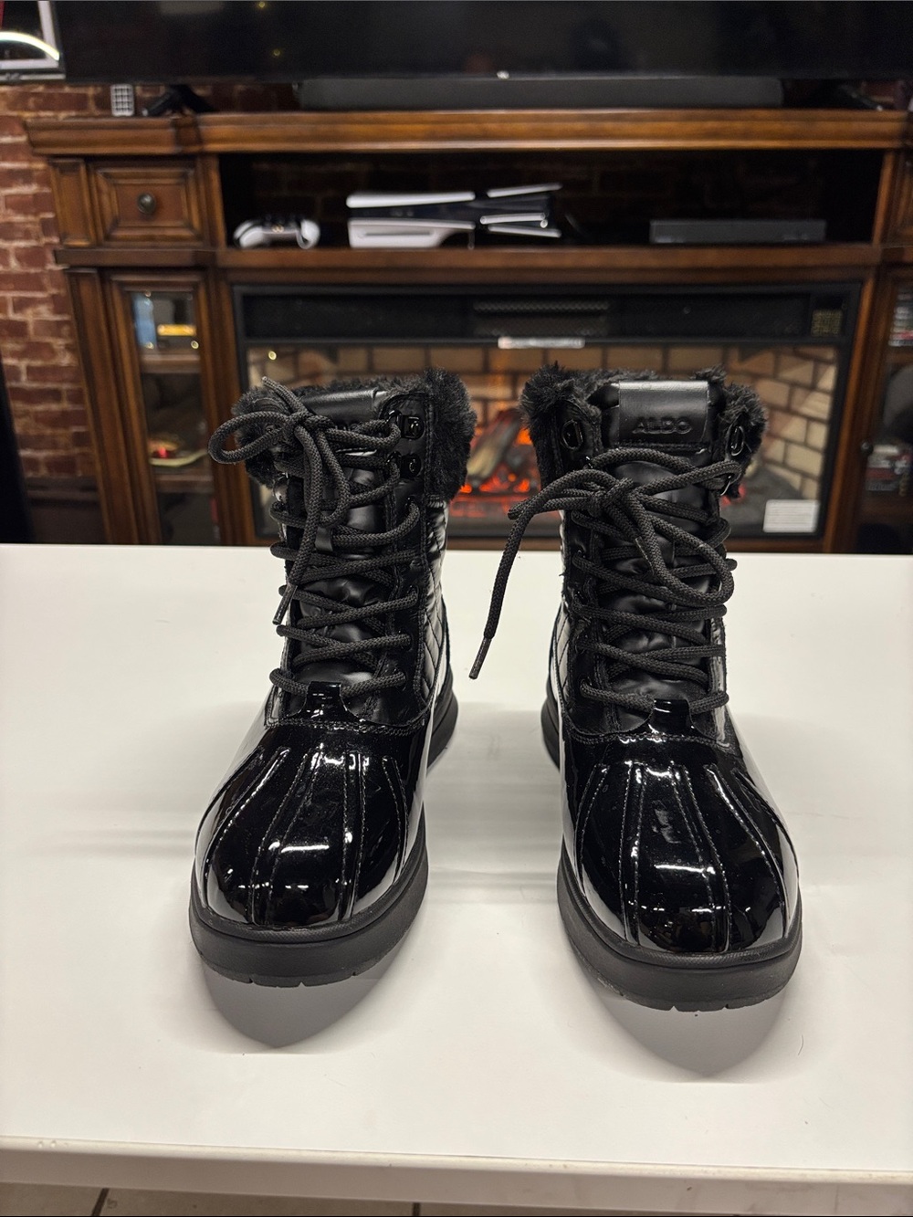 Aldo Glossy Black Lace-Up Winter Boots with Faux Fur Collar